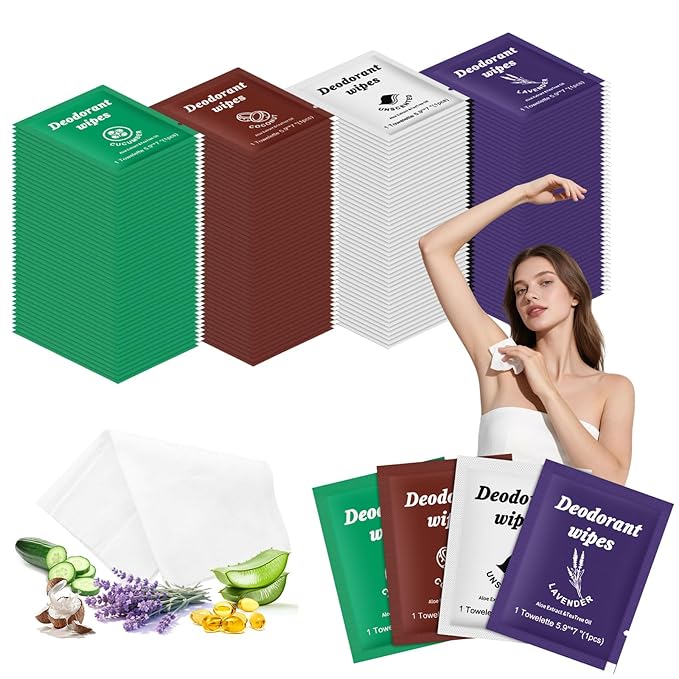 Travel Deodorant Wipes Individually Wrapped,Body Wipes to Clean Skin for Women Men（Lavender,Unscented, Coconut Cucumber,pack of 100)