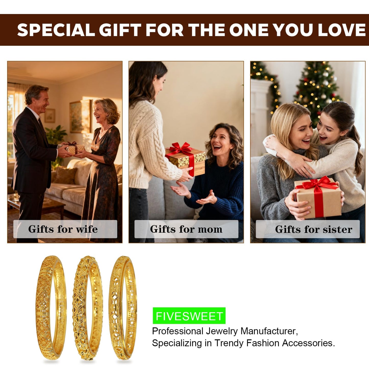 FIVESWEET 18K Gold Plated Women's Bangle Bracelet Set - Stackable Bulk Bracelets with Hollow Diamond, 3D Starburst and Glittering Lattice Designs, Minimalist Stylish Elegant, Tarnish & Oxidation Resistant, Gift for Her Girlfriend Wife Mom Sister Lover on