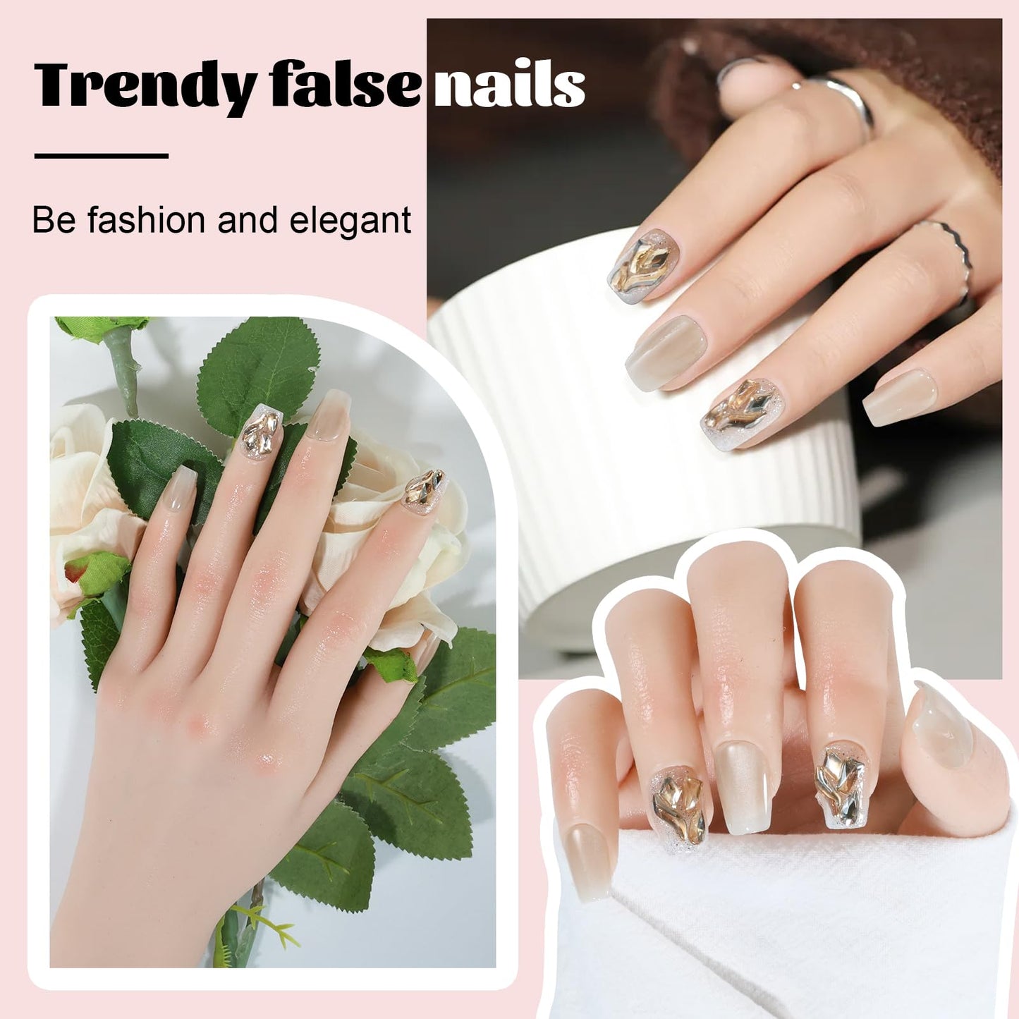 AEZUNI Press On Nails -Bling Light Grey Gradient Medium Square False Nails for Women Gilrs | Reusable Stick On Fake Nails with Glue | Medium Size