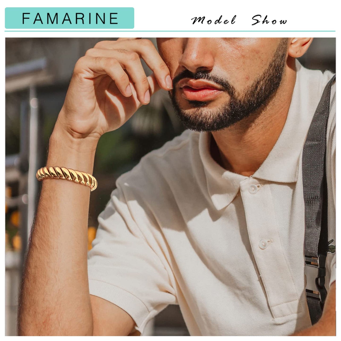 FAMARINE 14K Gold Plated Chunky Bangle Bracelet, Stretchable Elastic Bracelet for Women Men