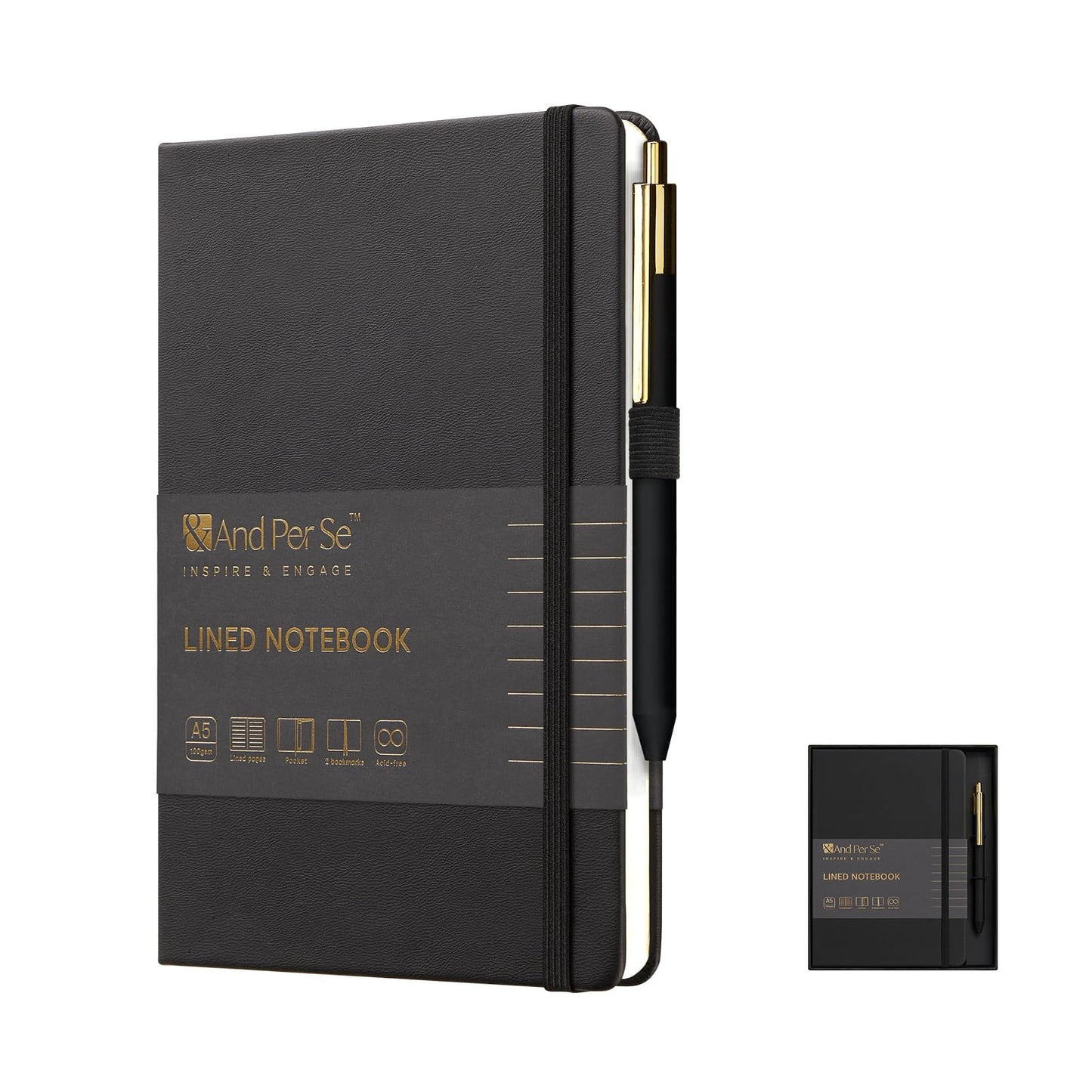 &And Per Se Lined Journal and Pen Set, A5 Leather Journal Stationery Set, 160 Pages 100GSM Thick Paper, Notebook Gift Set (Black)