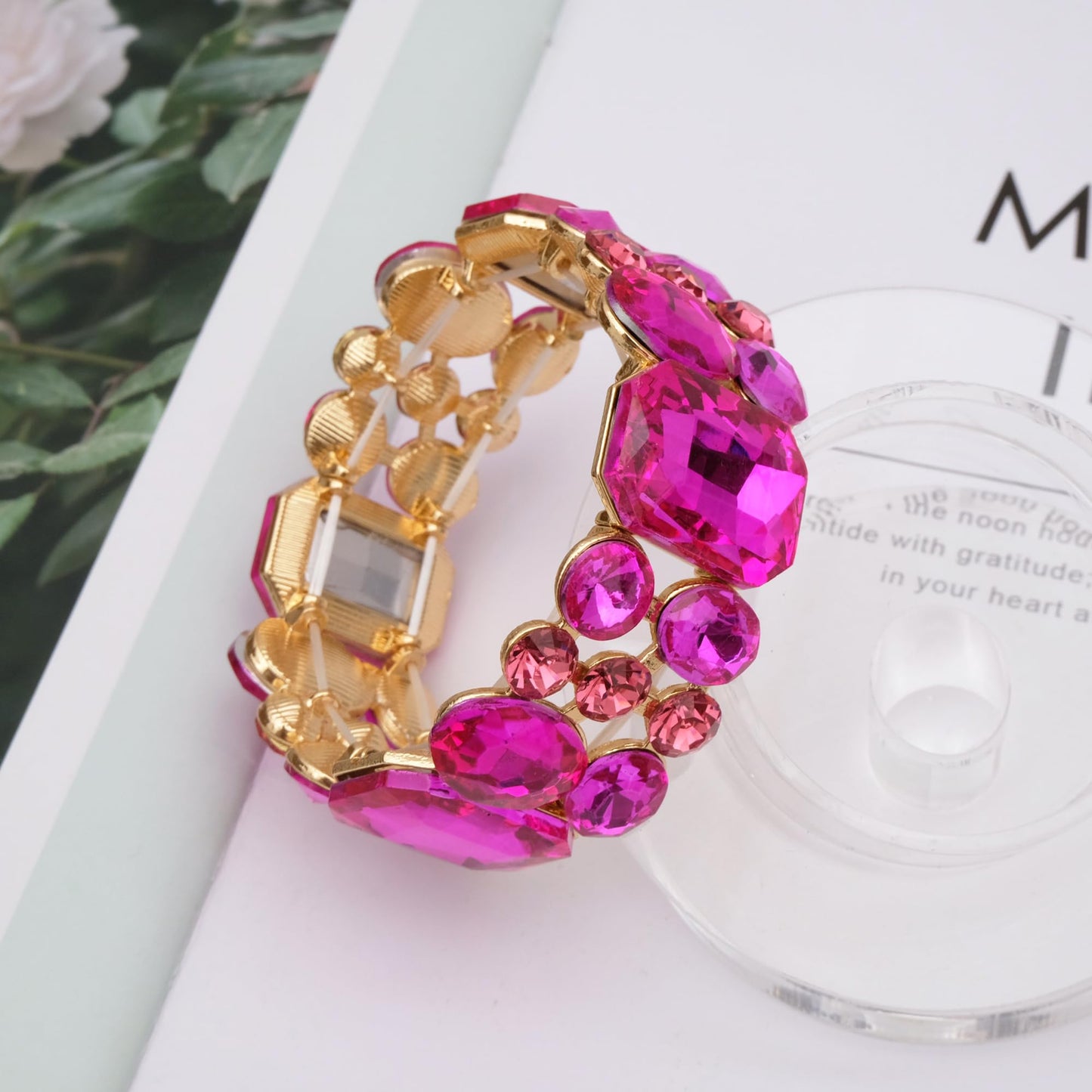 CSY Women's Statement Stretch Wide Bangle Bracelets Austrian Crystal Art Deco Elastic Bracelet for Party Prom (hot pink crystal)
