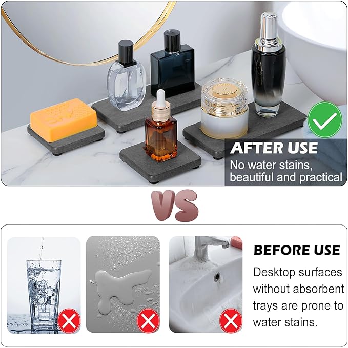 4PCS Water Absorbing Stone Tray for Sink, Fast Drying Stone Sink Tray, Water Absorbent Diatomite Trays, Stones Soap Diatomaceous Coaster, Stones Drying Trays for Bathroom Sinks and Kitchen Counter