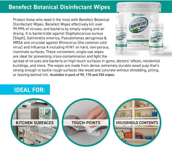 Benefect Botanical Disinfectant Wipes – 750 Sanitizing Wipes. 3 Pack of 250 Wipes Per Unit - High Traffic - Gym Wipes, Schools and Food Safe Cleaning (250, 3)