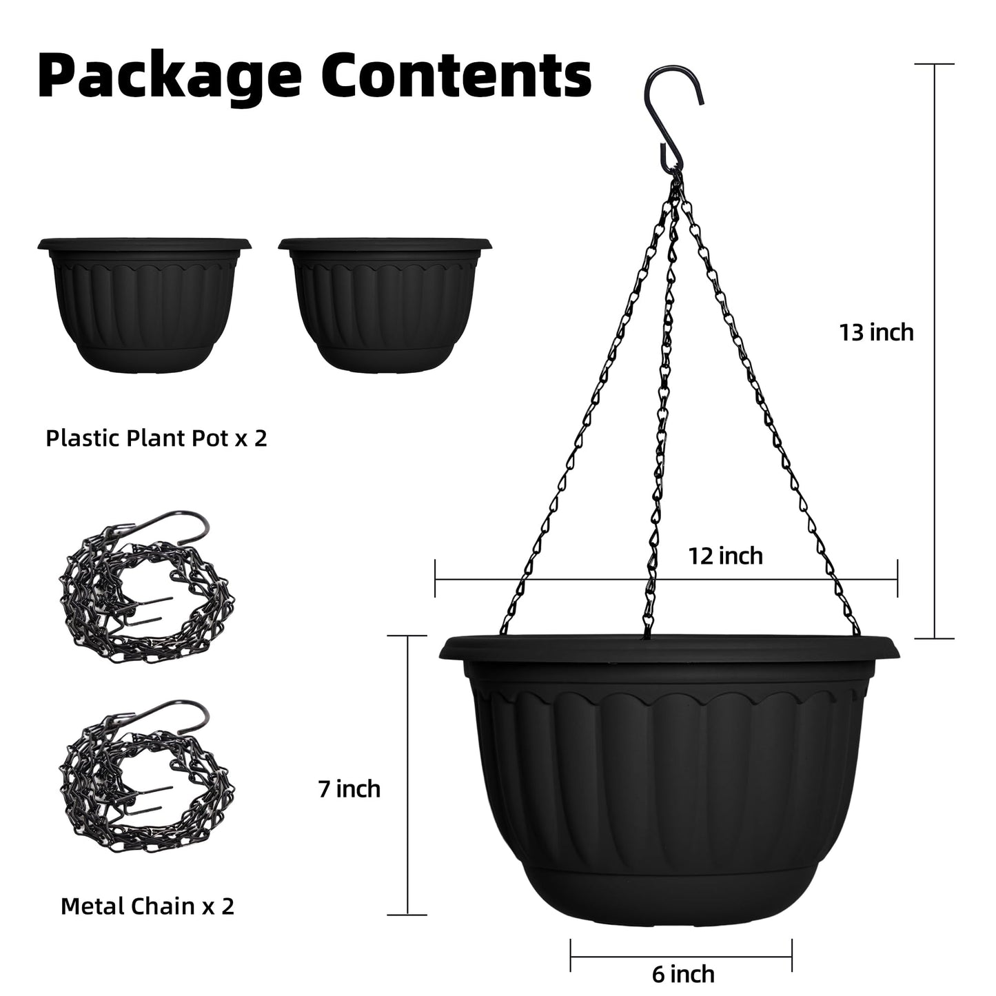 YIKUSH Planters for Outdoor Plants 2 Pack Black Plant Pots with Drainage Hole and Absorbing Tray Hanging Planters for Indoor Plants (12 inch, 3 Hooks)