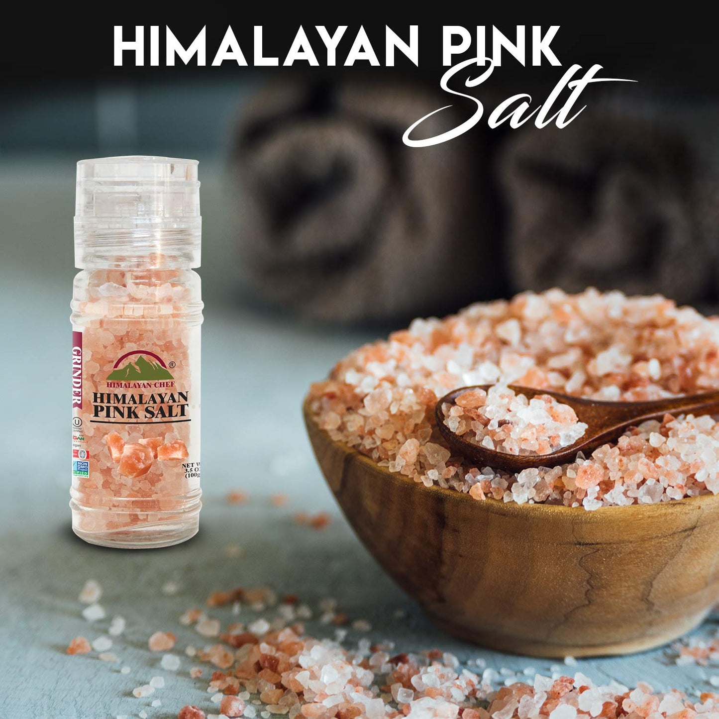 Himalayan Chef Pink Salt and Black Pepper Grinder with Stainless Steel Rack