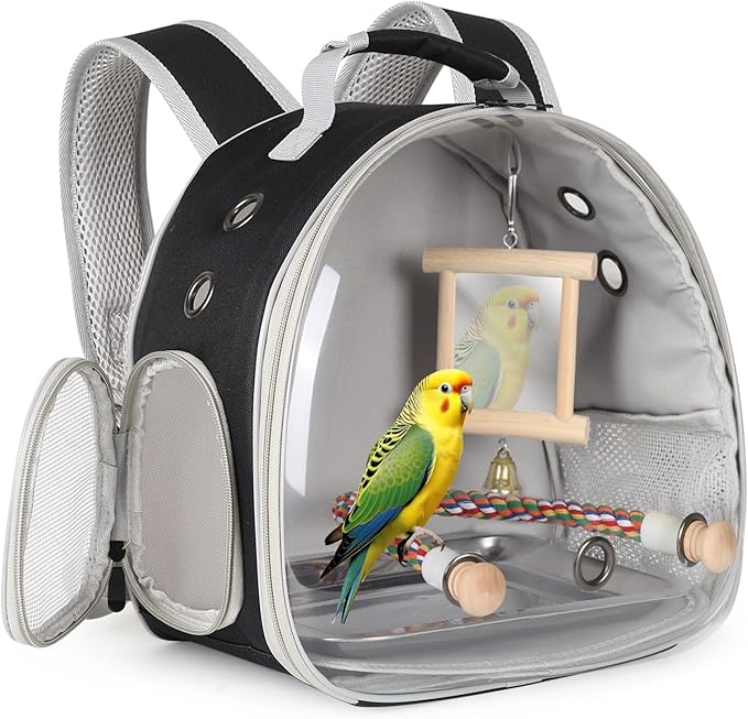 Parrot Travel Cage Carrier with Bird Cage Bells Mirror Set,Portable Small Bird Parakeet Bag with Standing Perch and Comfy Mat Bird Carry Transport Bag with Clear Window Outdoor Adventure