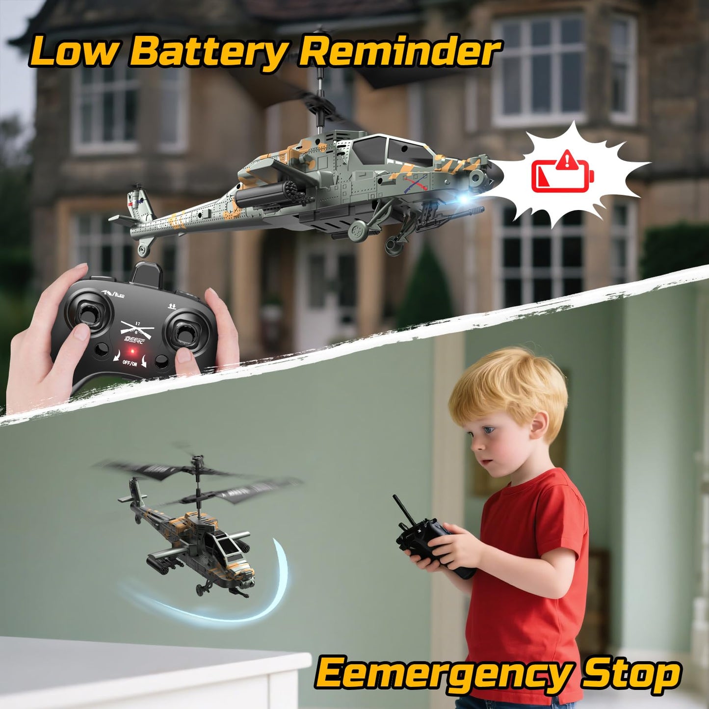 DEERC Apache RC Helicopter for Kids 8-12, Remote Control Helicopter for Adults, Helicopters Toy with 26 Mins Flight Time (2 Batteries), LED Lights, Altitude Hold, Chrismas GIF for Boys