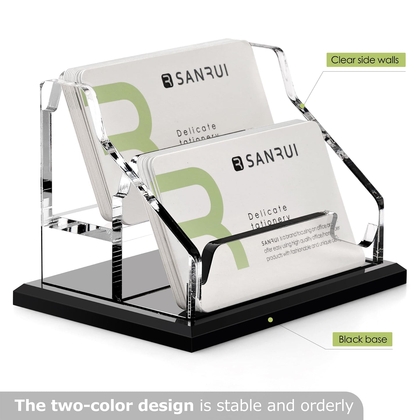 SANRUI Acrylic Business Card Holder, Black Business Cards Display Stand for Desk, Clear Horizontal 2 Slot Desktop Organizer , 120 Card Capacity