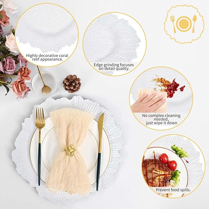 Pesonlook 100Pcs White Charger Plates Round 13inch, Reef Plate Chargers for Dinner, Bulk Plastic Floral Table Charger Plates for Dinner Wedding Party Event Table Setting Decoration(White)