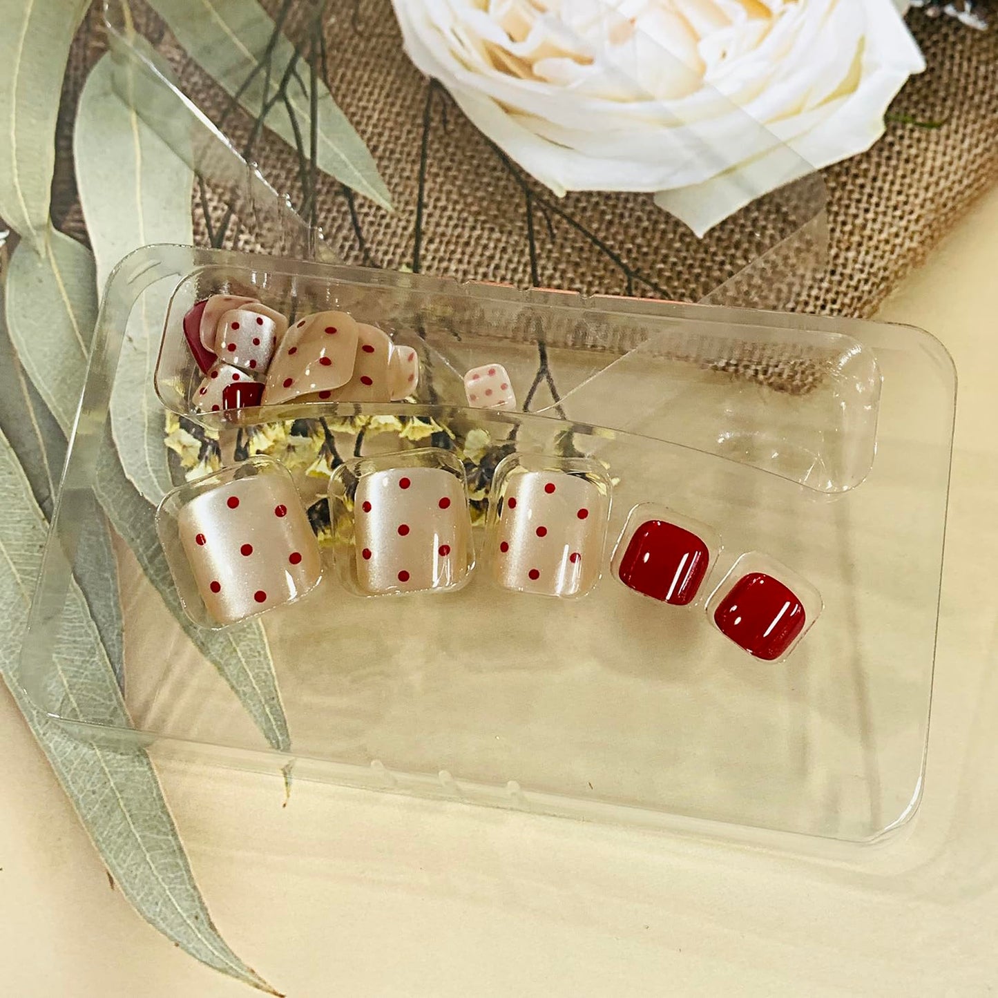 FIEONCIY 24pcs Press-on Square Acrylic False Nails Set with Glue, Red Spot Pattern, French Style, Spring & Summer Theme, Full Cover Nails, Multicolor, Women's Manicure Decorations