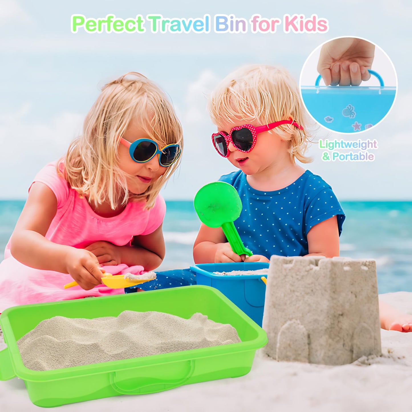 FIIOEOY 3 Pcs Sensory Bin Sand Tray with Lid & 3 Stickers, Stackable Plastic Storage Containers, Portable Sandbox Toy, Organizers for Toys, Sand, Arts, Crafts (Blue, Green, Pink)