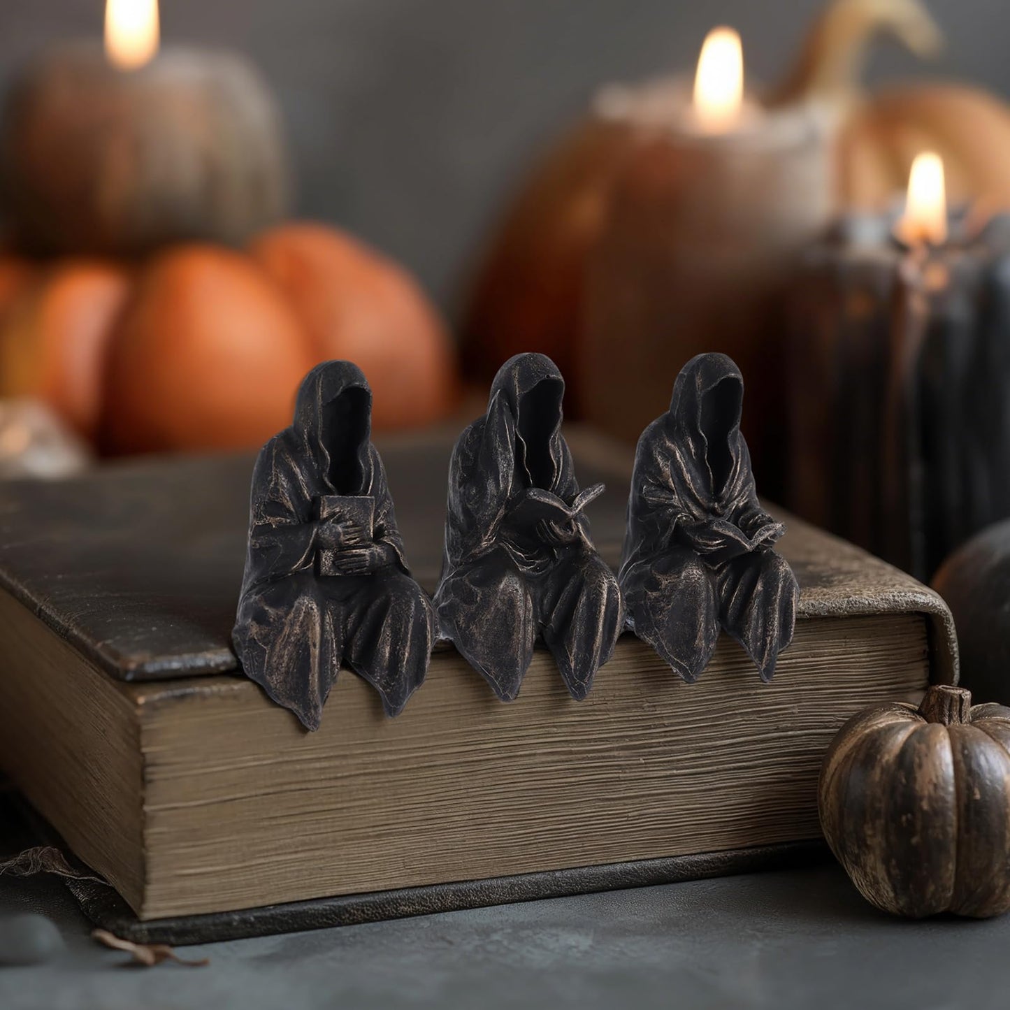 2.95" Mini Reading Statue Bookshelf Figure Set of 3,Gothic Grim Reaper Statue,Mystery Reading Figurines Sitting Sculpture for Bookshelf Decor Fantasy,Halloween Trinkets Dark Academia Decor Aesthetic