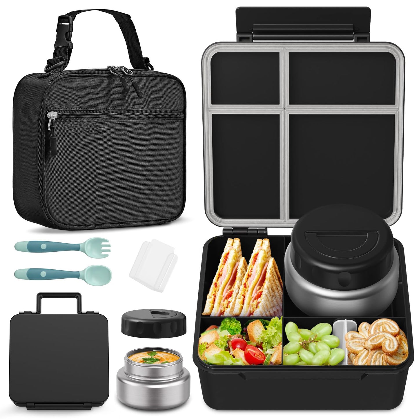 FAJSL Bento Box for Kids with Thermo Food Container (9oz), 4-Compartment Lunch Box, Adjustable Divider, Leakproof Bento Lunch Box, Includes Utensils & Carry Bag for School, Office(Black)