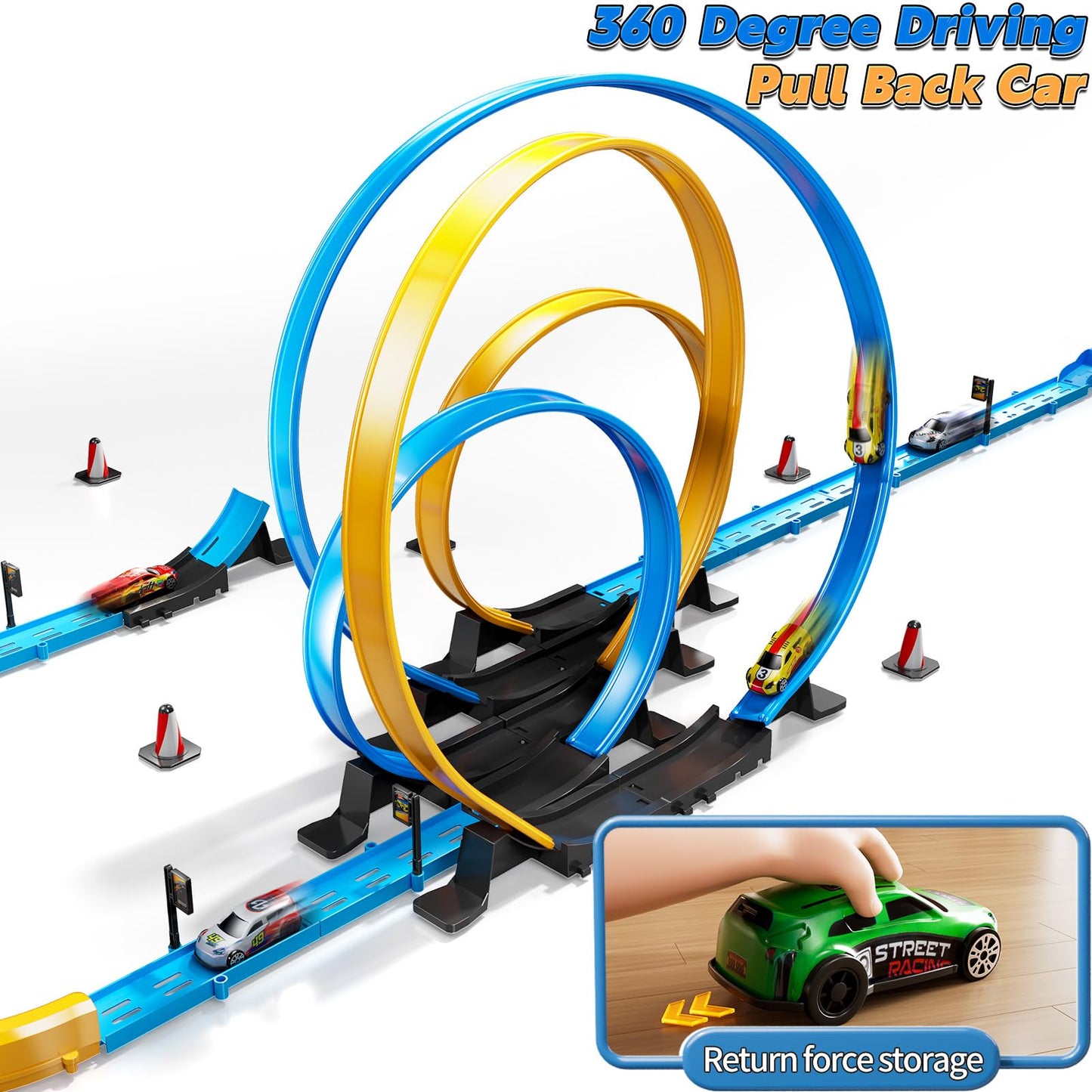 LILYBUDS Toy Car Race Track Set for Boys Kids Age 3-5 4-7, Race Tracks with 4 High-Speed Pull Back Race Cars and Crash Zones, Christmas Halloween Birthdays Gifts Toys for Boys Kids 4-6 8-12 Years Old