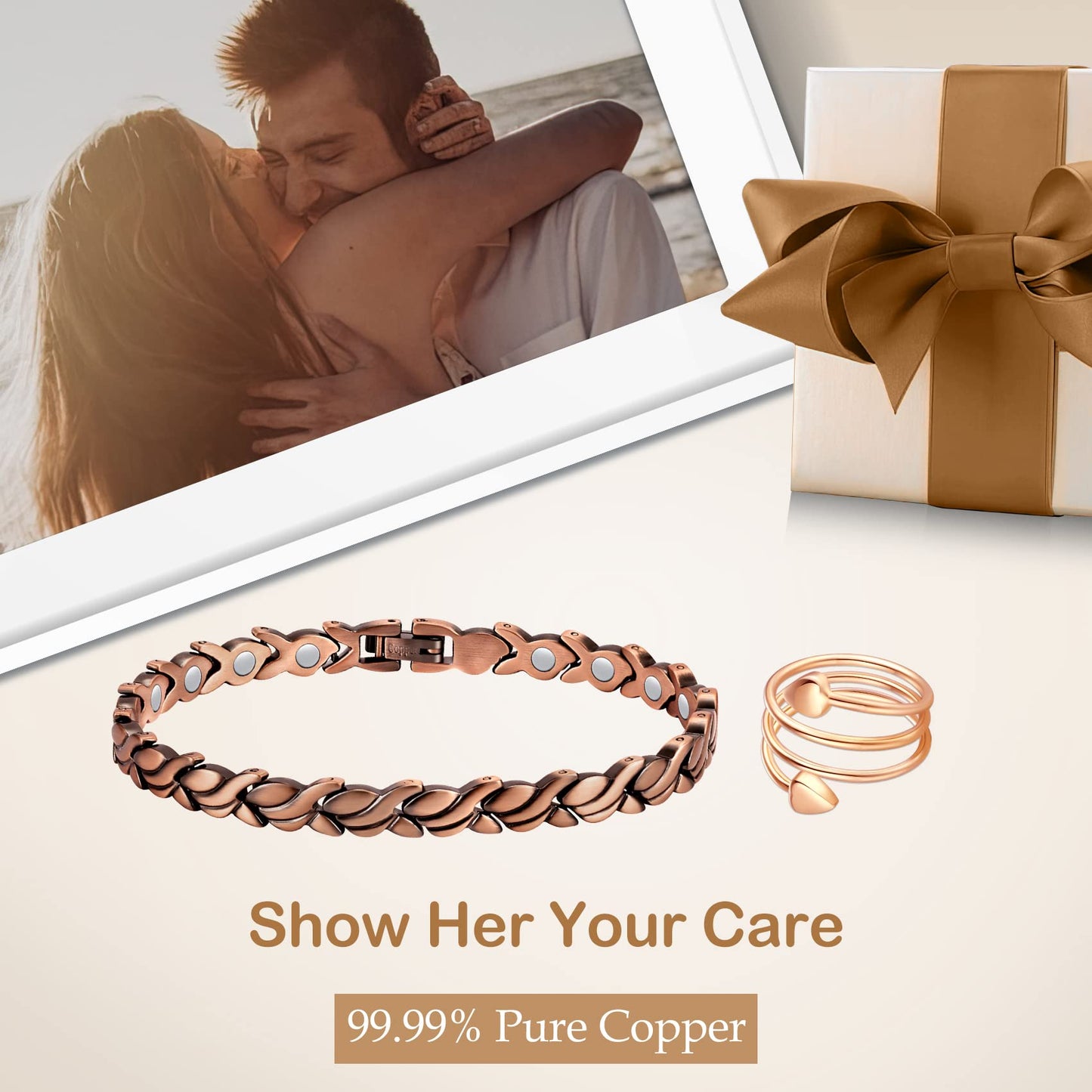 Feraco Copper Bracelet for Women 99.99% Solid Copper Magnetic Bracelets, Unique X Shape Links, Magnetic Field Therapy Jewelry Gifts (Fishtail + Ring)