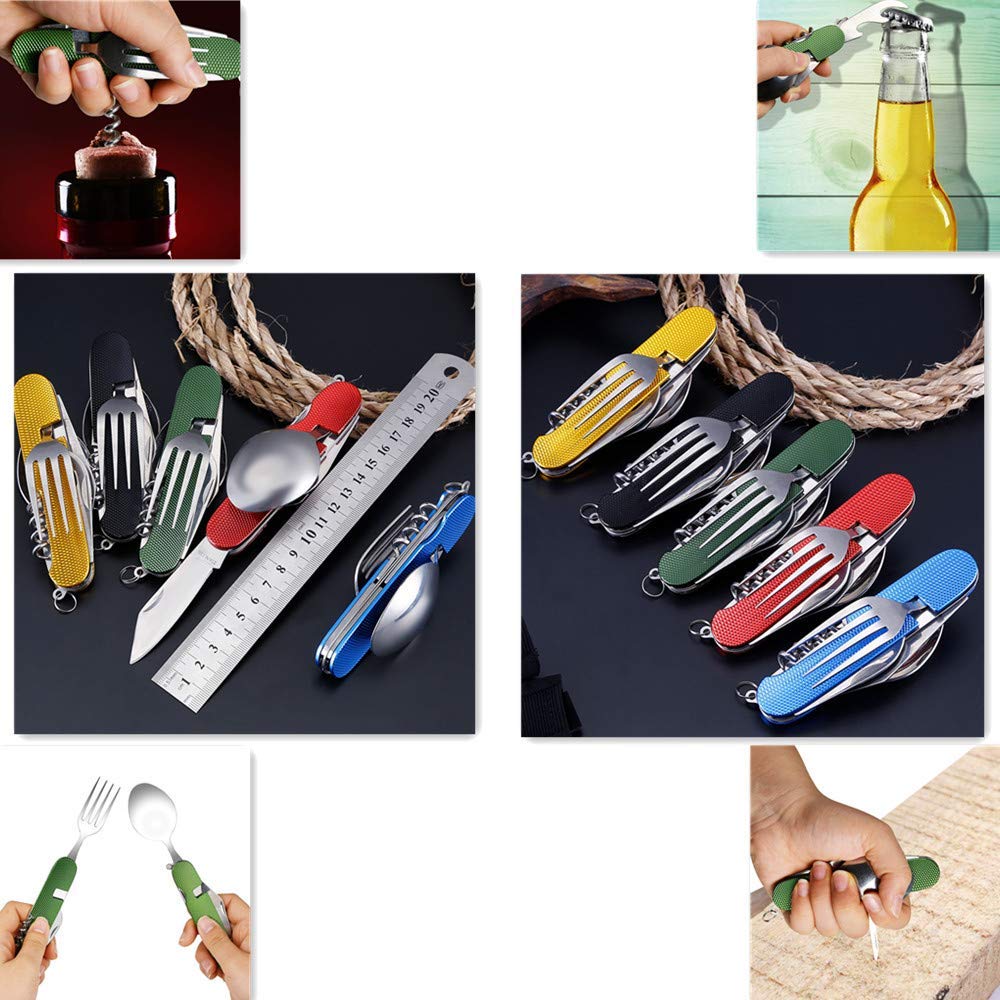 Cluck 6-in-1 Multi-Function Camping Utensil Flatware Set Detachable Spoon Fork Knife Combo Mess Kit with Carrying Pouch (Red + Black)