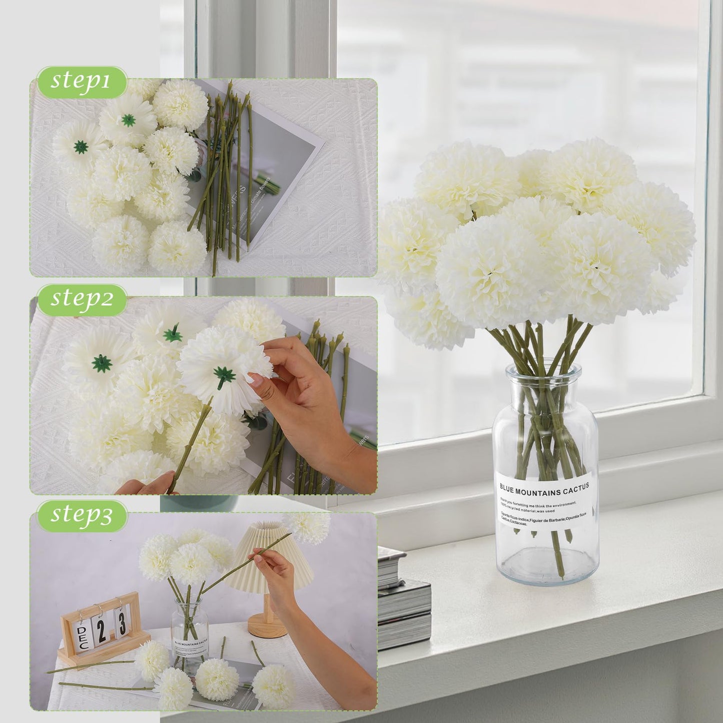 Rowfad 12 Pcs Artificial Chrysanthemums Flowers Silk Ball White Flowers Fake Mums Spring Flowers for Valentine‘s Day Wedding Home Decor (12, White)