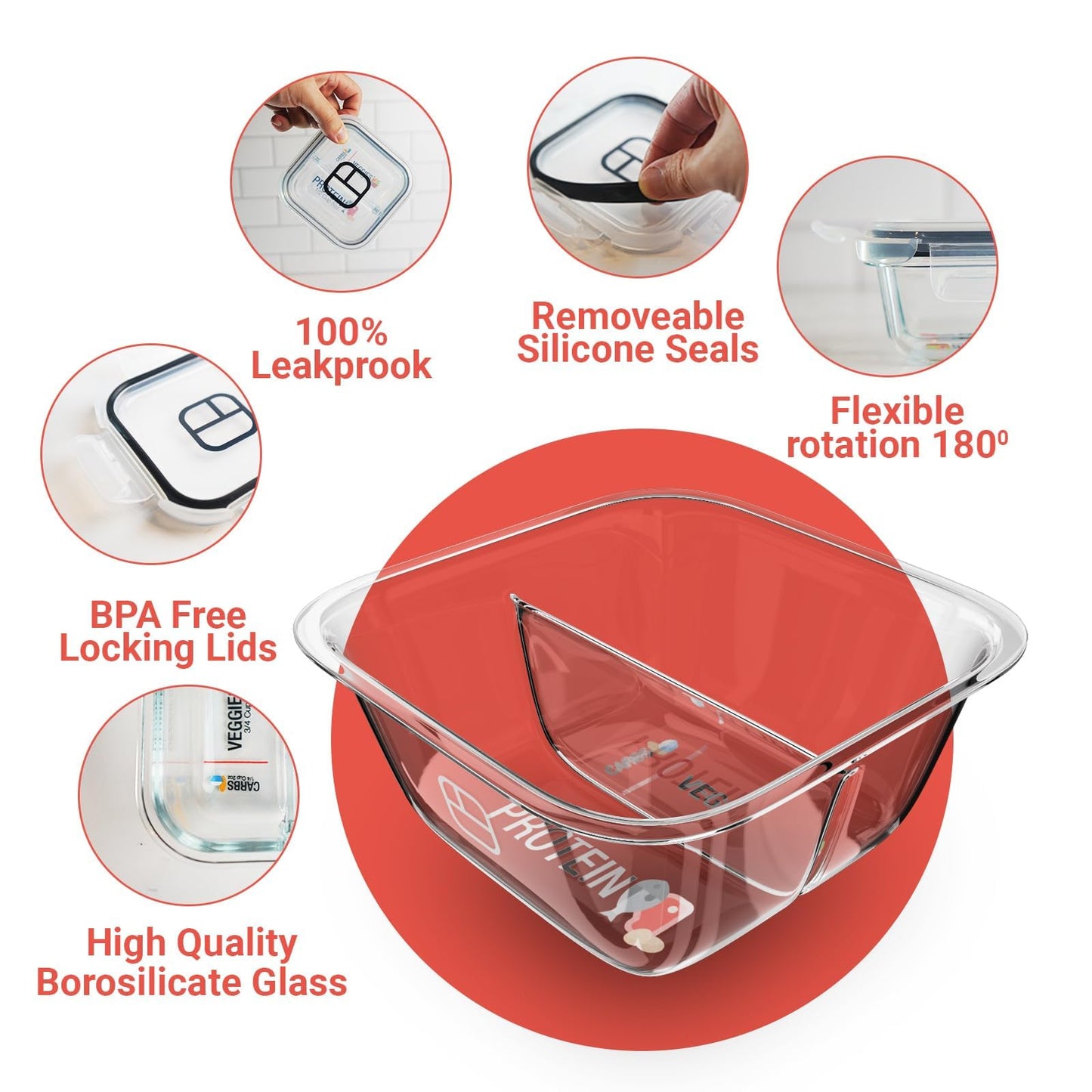 BariBowl Portion Control Containers for Bariatric Meals – 8 oz Glass Meal Prep Containers with Two 4 oz Compartments and Lids (3 Pack), Reusable Bento Lunch Boxes