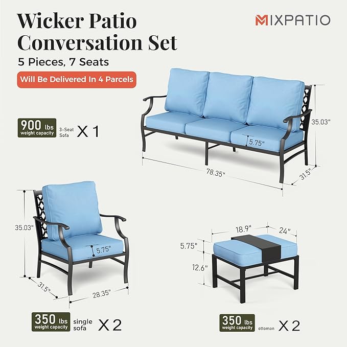 Patio Furniture Set 5 pcs, Outdoor Patio Furniture, 3-Seat Sofa, 2 Single Chairs, 2 Ottomans and 5.75" Extra Thick Cushion, Patio Conversation Set for Garden Backyard Deck,Blue