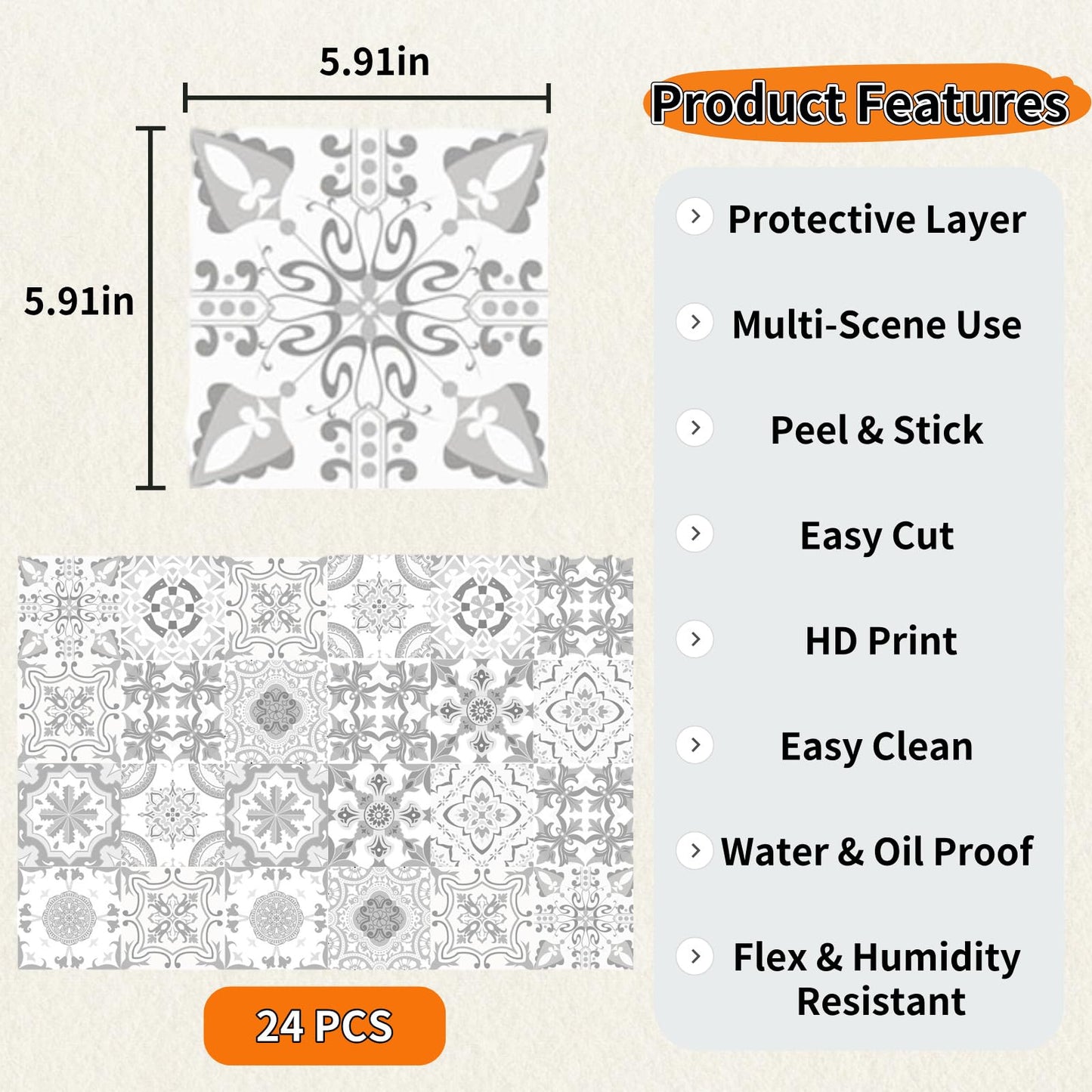 PVC Peel and Stick Tile Stickers 24Pcs Waterproof Removable Backsplash Wall Decals Self-Adhesive Subway Stickers for Kitchen Bathroom RV Instant DIY Upgrade Sticker(Style A, 5.91 x 5.91 Inch)