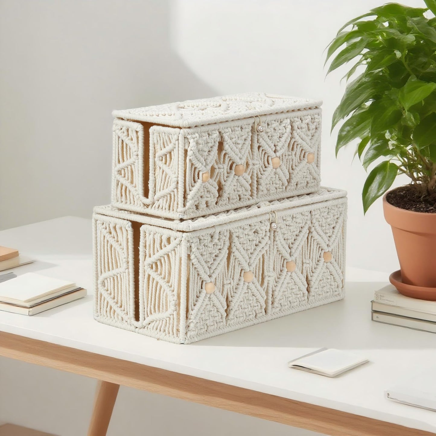 VinneGenzz 2PCS Cable Management Boxes Handmade Macrame Cord Storage Organizer Power Strips Outlet Router TV Wire Hider Cover Under Desk Natural Cotton Rope Woven Box with Lid (1 Large 1 Medium)
