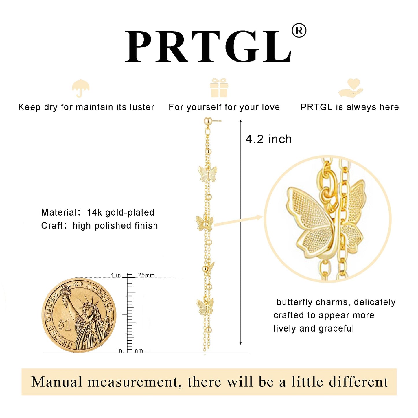 PRTGL Dangle Earrings - 14K Gold Plated Butterfly Long Dangle Earrings for Women Tassel Design