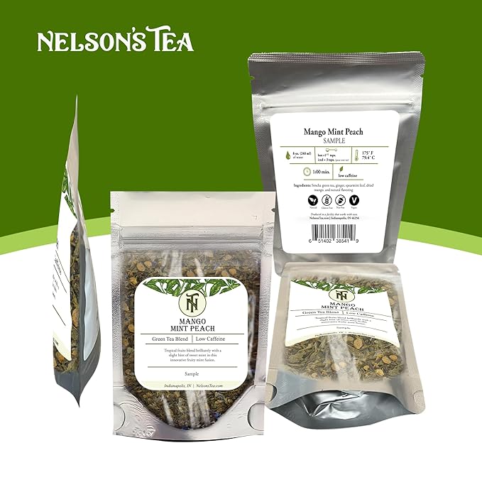 Nelson's Tea Mango Mint Peach - Sencha Green Tea with Ginger Root, Spearmint Leaf, and Dried Mango Loose Leaf Tea (Sample 0.4 Oz)