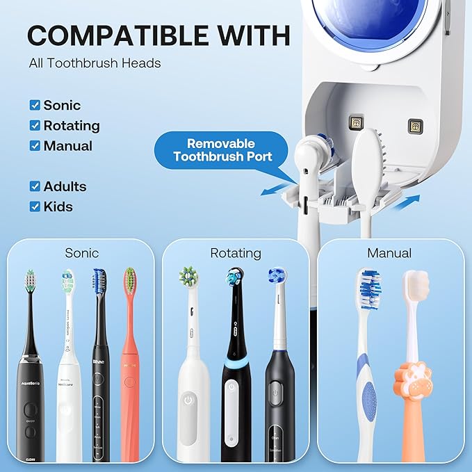 Bitvae Upgraded Tooth Brush Holder for Bathroom 2.0, Infrared Sensing Toothbrush Cleaner, Wall-Mounted for Any Size Toothbrushes, Air Drying, LED Smart Screen, White Gold Trim
