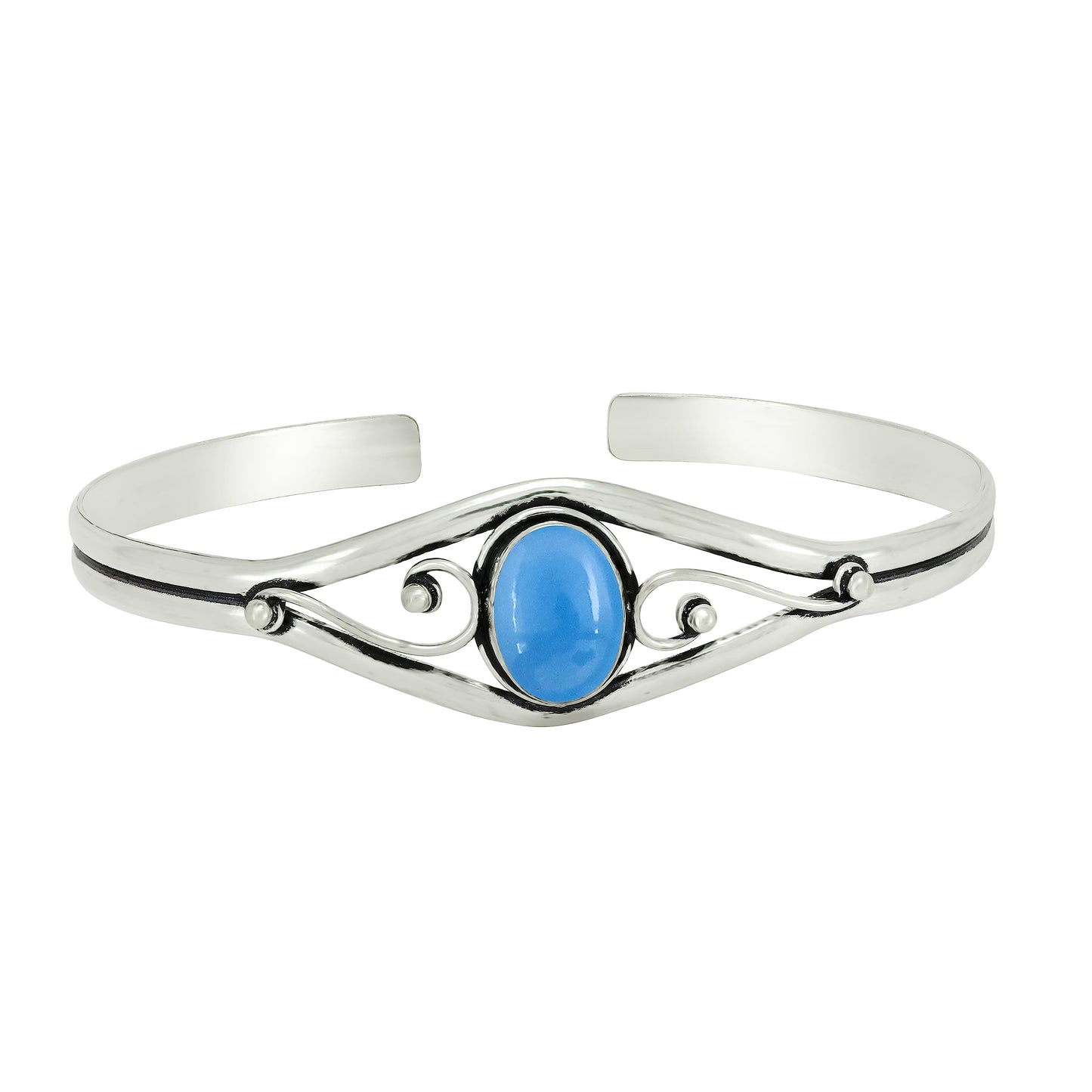 925 Silver Plated Natural Chalcedony Cuff Bangle Bracelet for Women – Handmade Open Bangle – Blue Gemstone Statement Jewelry – Valentine's Day Gift for Her