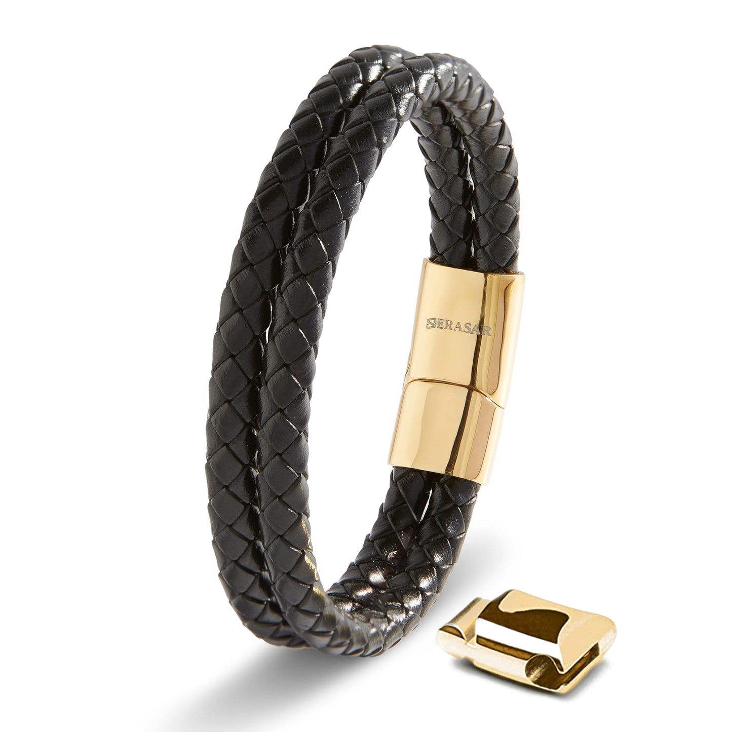 SERASAR Mens Jewellery 23cm Gold Bracelet Men Gift Box Genuine Leather Cowhide Braided Adjust Able Magnetic Clasp Multi Layer Wrap Rope Man Mans Male Band Jewelry Magnet Accessories