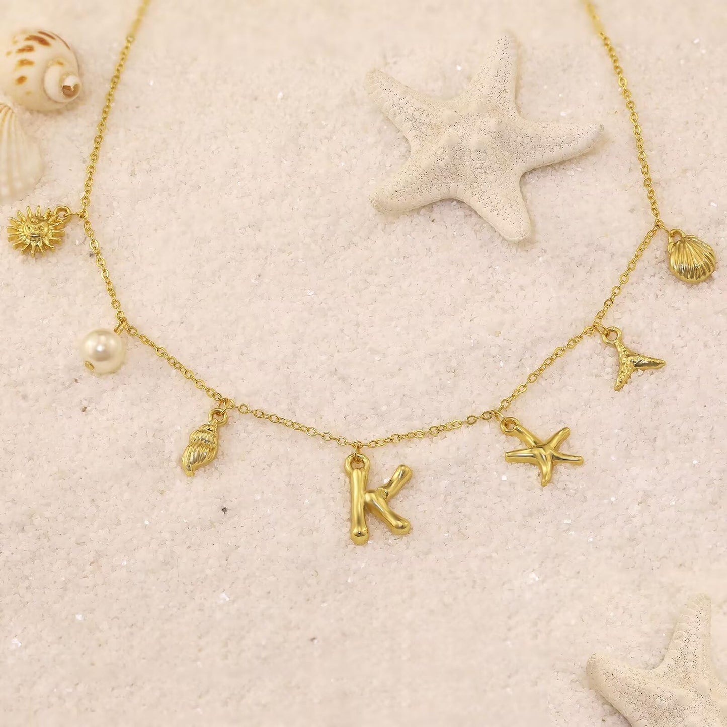 JALZEMPL Initial Charm Necklace For Women Shell Seashell Summer Beach Letter 14K Gold Plated Pendant Starfish Surfer Boho Jewelry Gifts (I)
