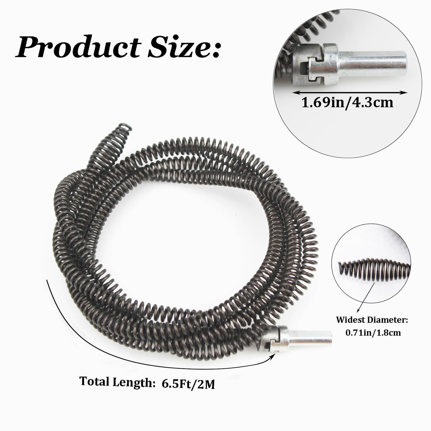 10mm Heavy-Duty Drain Auger Snake Cable with Drill Adapter - 6.5Ft/2M Flexible Plumbing Clog Remover for Kitchen, Bathroom, Toilet, Shower Sink & Pipe