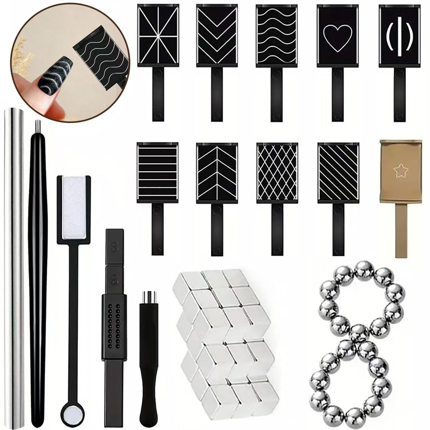 DAIXIANGER 62PCS Cat Eye Nail Magnet Set, Cateye Magnet for Cat Eye Gel Polish, Magnetic Beads Cube Magnets, Double-Head Magnet Stick Magnetic Wand for Nails, Nail Design Tools for 3D Nail Art