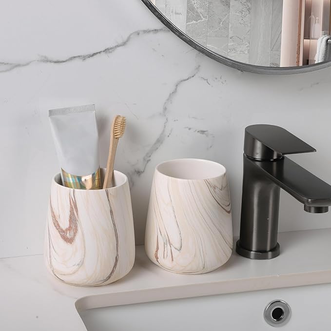 Marble Brown Toothbrush Holder for Bathroom - Ceramic Tooth Brushing Holders, Toothbrush Cup, Toothpaste Organizer for Bathroom Countertop, Makeup Brush Holder, Pen Holder for Home Desktop Storage