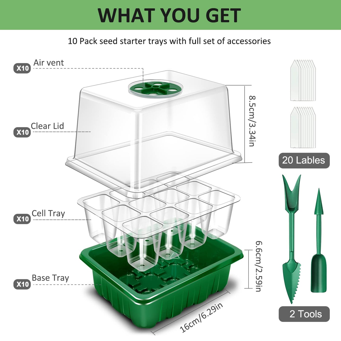 YAUNGEL Seed Starter Tray, 10 Pack 120 Cells Thicken Seed Starter Kit with Heightened Lids Humidity Dome Seedling Starter Trays for Indoor Gardening Plant, Green