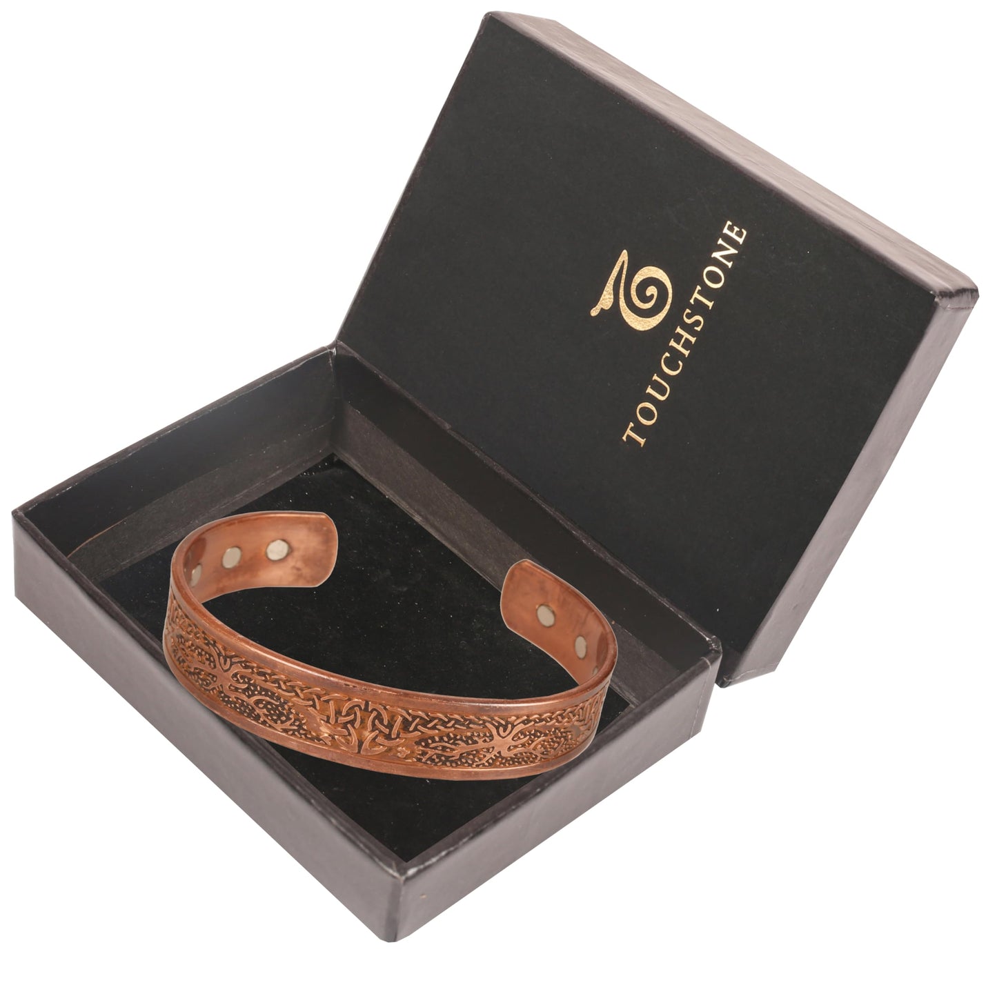 Touchstone handcrafted magnetic copper bracelet. Hand forged with solid and high gauge Tibetan style engraved cuff pure copper jewelry for women men. Awesome Celtic Design.