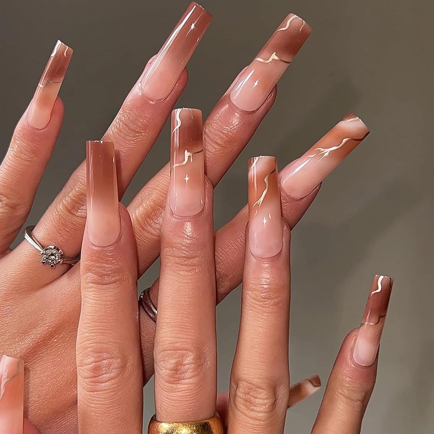 MISUD Press on Nails - Long Square Glue on Nails with Fall Brown, Acrylic Autumn Ombre Design 24 pcs