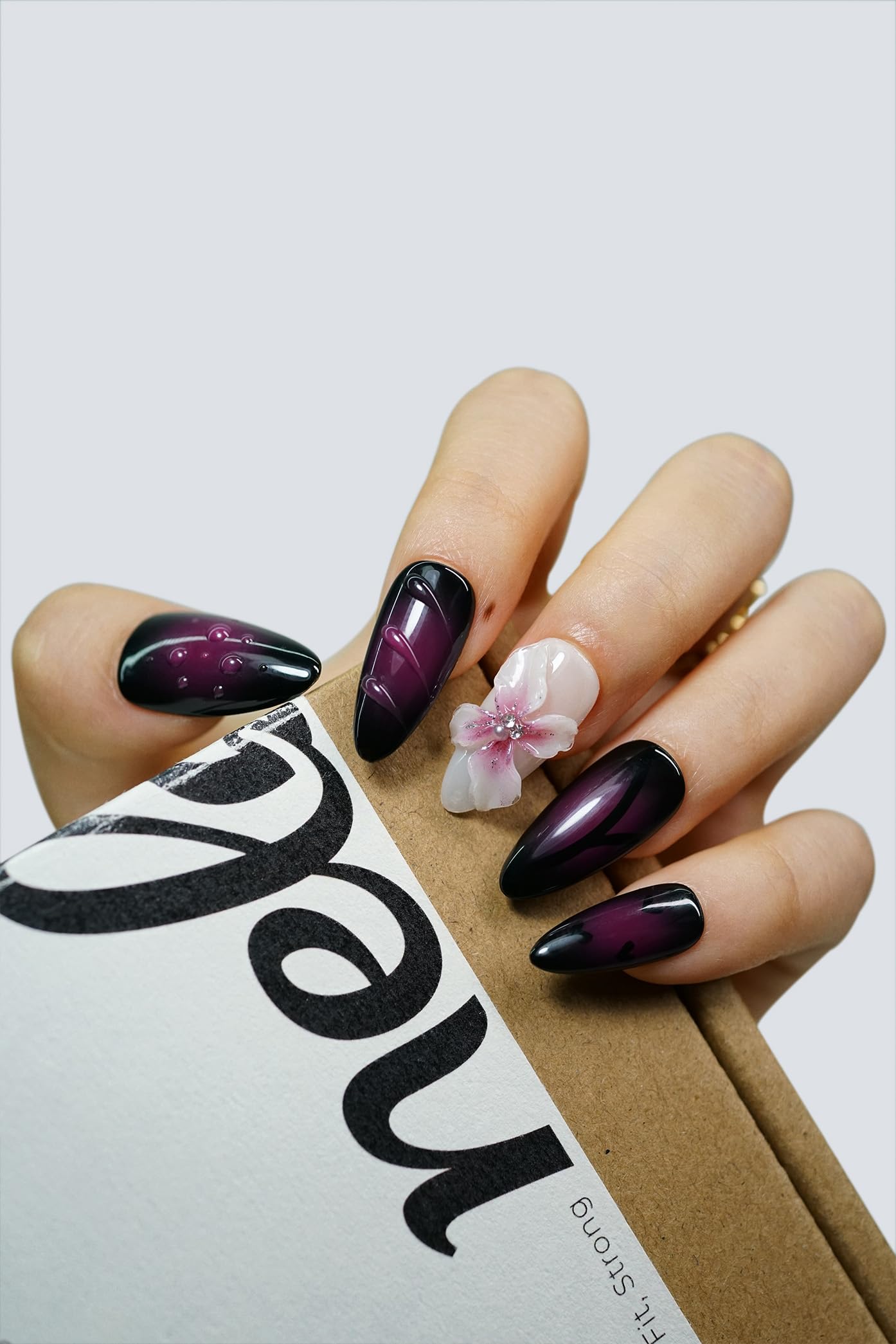 Nelaoco 10PCS Handmade Press On Nails REUSABLE 3D Gel Fake Nails Acrylic Slim Natural Profile Glassy Shine & Detail-Focused Finish (Midnight Dahlia Black - M)
