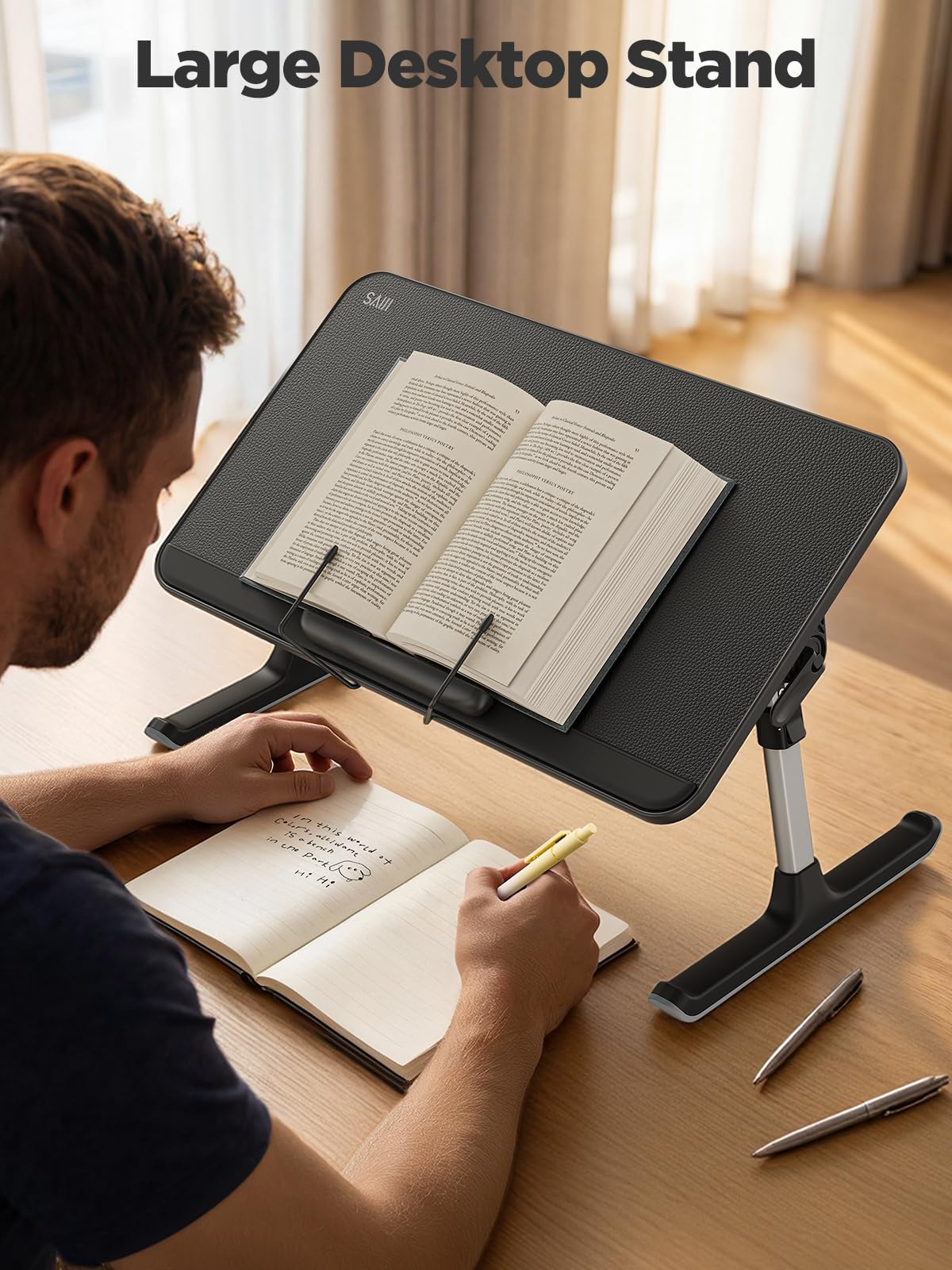 SAIJI Book Stand for Reading Hands Free with Page Paper Clips in Bed,Laptop Desk Table, Portable Lightweight Lap Desk Tray for Writing Eating Breakfast on Couch Sofa Floor (20.5"x11.8",Black)