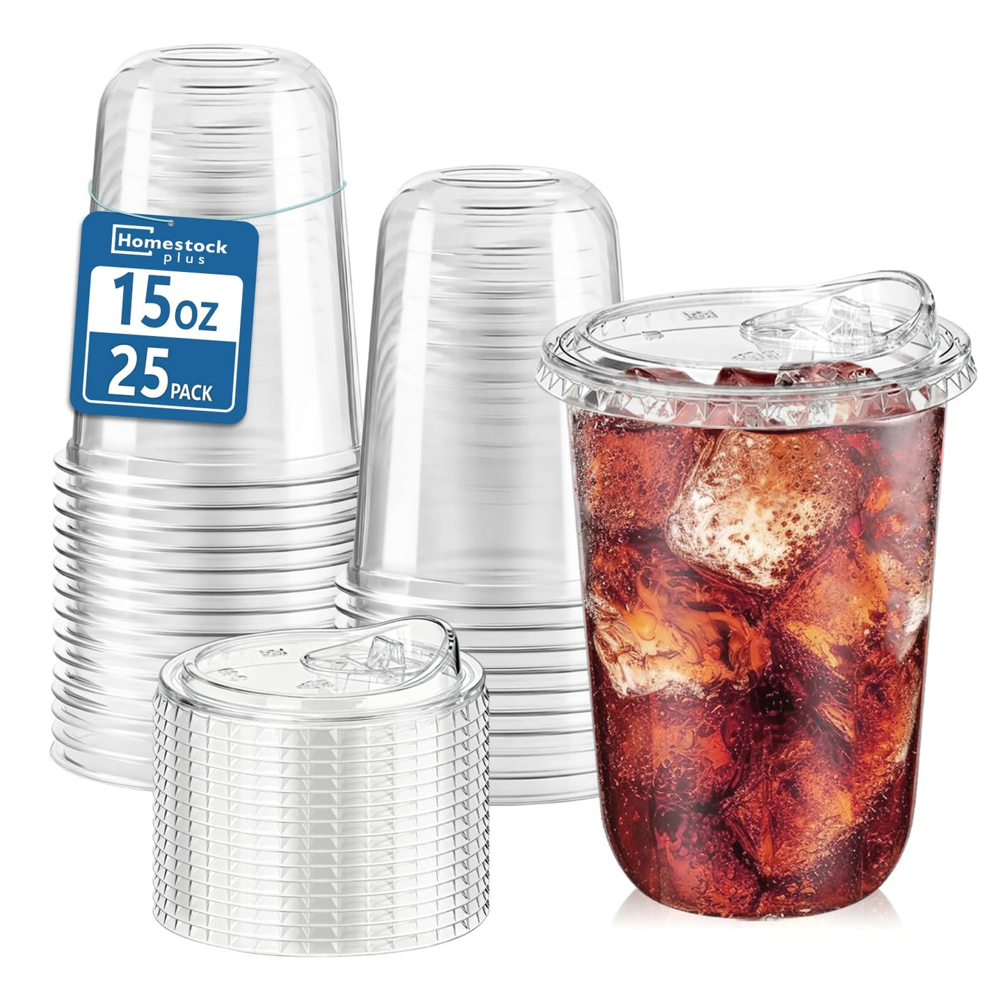 Homestockplus 25 Pack 15 oz BPA-Free Clear Plastic Cups with Strawless Sip Lids - Leak-Proof Round Bottom Disposable Iced Coffee Cups for Kids, To-Go Cold Drinks, Ideal for Small Parties & Daily Use