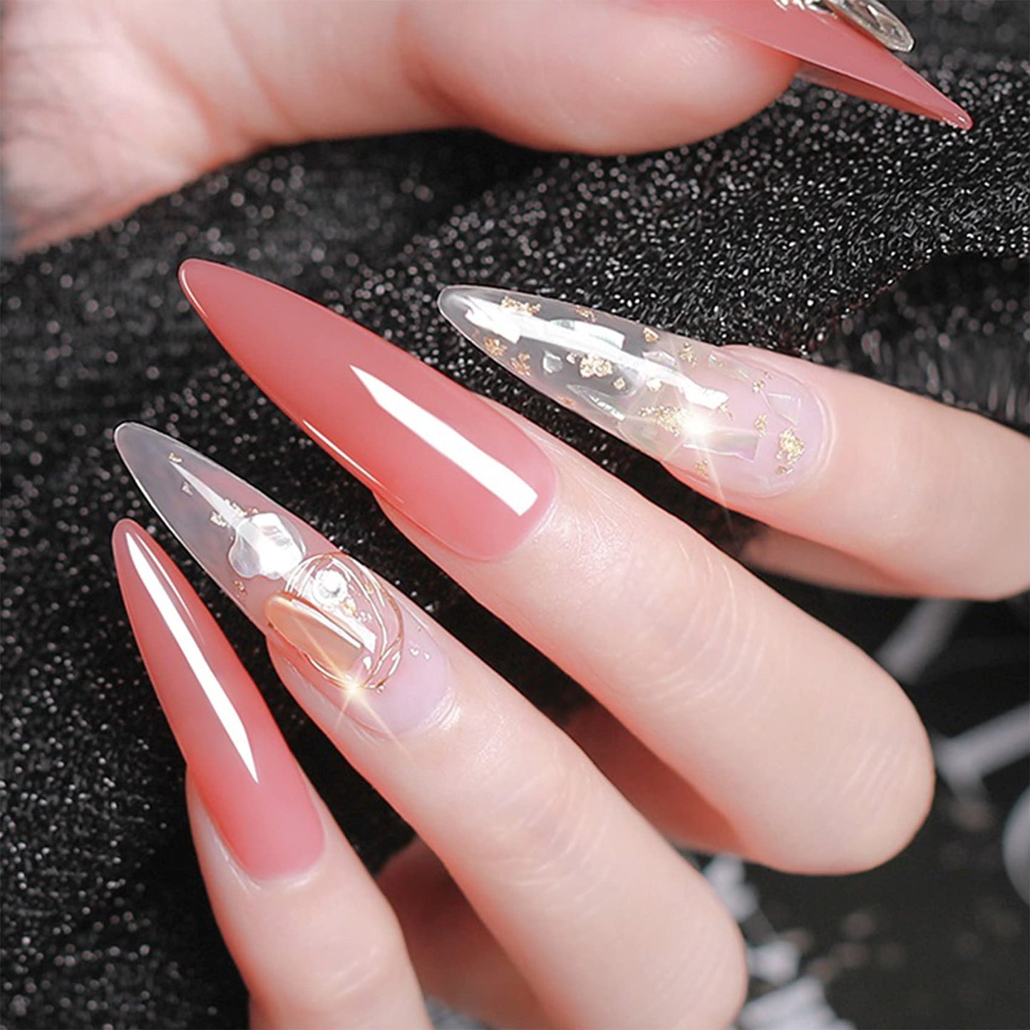 Press On Nails Set with 500pcs Long Stiletto Nail Tips Clear Full Cover 5pcs Nail Glues 1pcs Nail File with Case False Nail Fork Nail Kit Acrylic Nail Kit