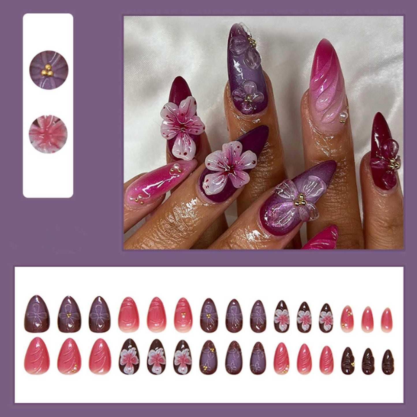 Hkanlre Almond Fake Nude Nails Tips Full Cover False Medium Nails Summer Flower Press on Nails for Women 24PCS
