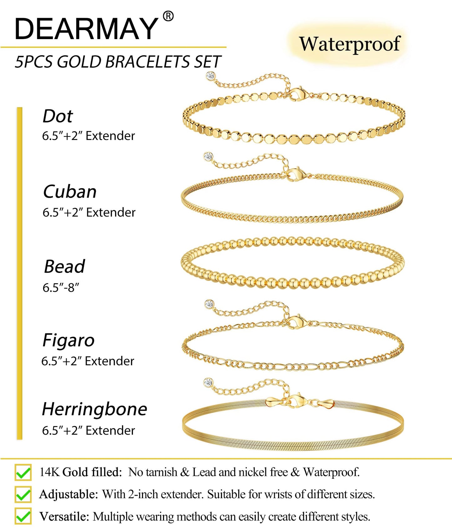 DEARMAY Dainty 14K Gold Plated Chain Bracelets for Womens Trendy Waterproof Gold Jewelry Set Fashion Stackable Beaded Figaro Herringbone Link Bracelet Pack Stack Gifts