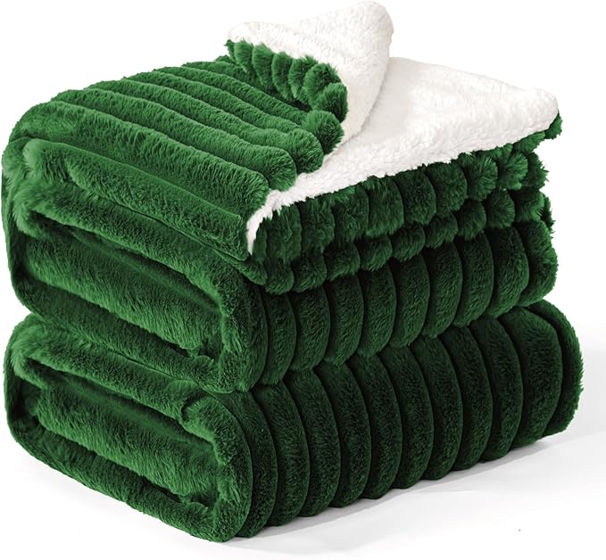 INFIIXSO Sherpa Fleece Queen Size Blanket - Super Soft & Warm Striped Fleece, Cozy Plush Fluffy Large Bed Blanket All Season Use (Dark Green, 90x90 Inches)