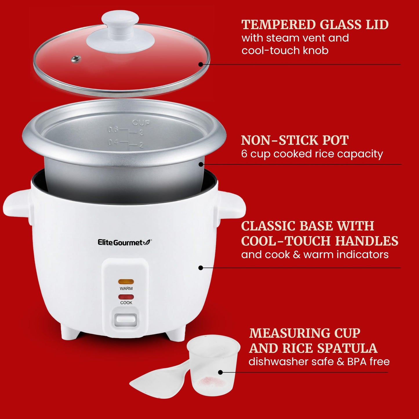 Elite Gourmet ERC-003X Electric Rice Cooker with Automatic Keep Warm Makes Soups, Stews, Grains, Hot Cereals, 6 Cups Cooked (3 Cups Uncooked), White