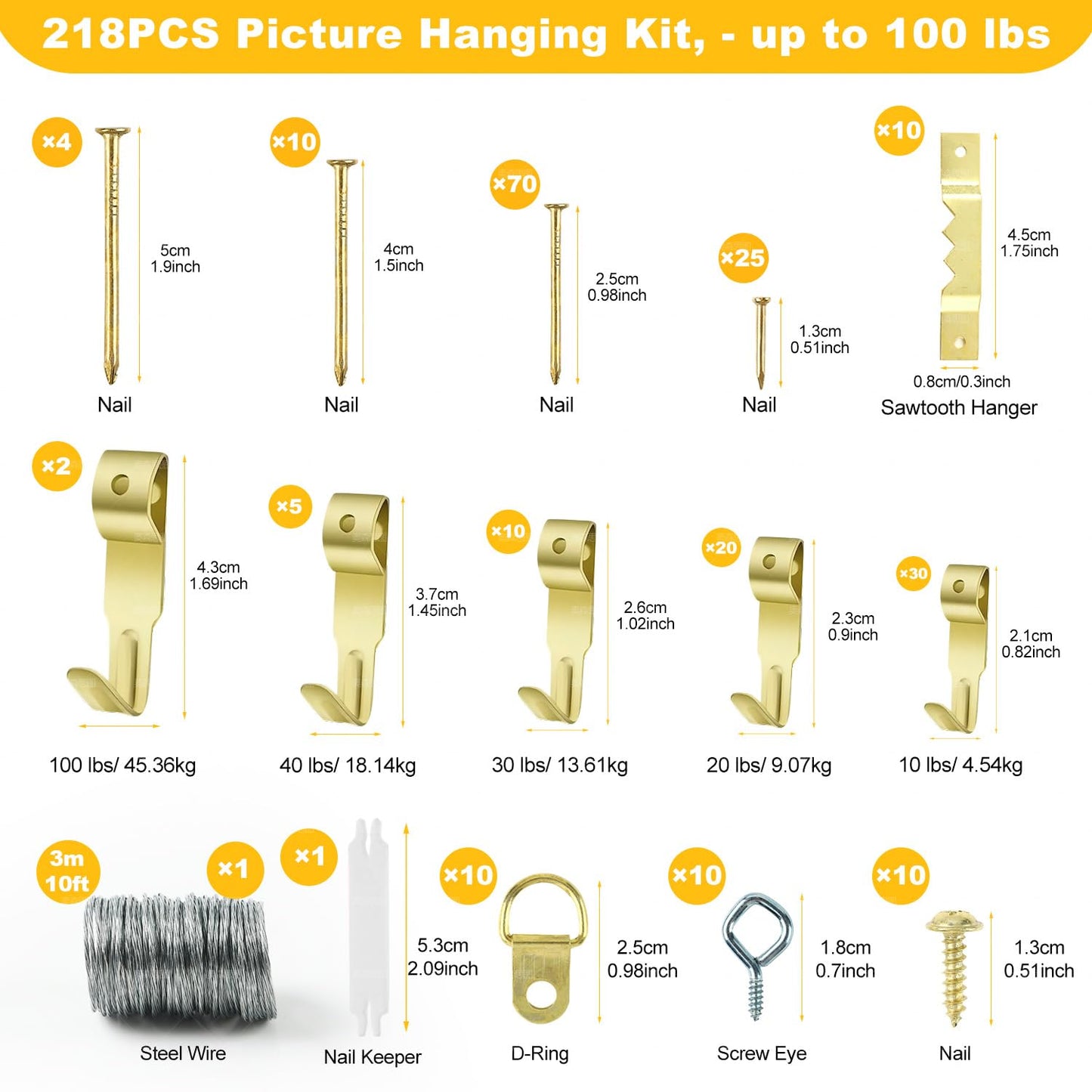Stalishare Picture Hanging Kit 220PCS, Instaframe Easy Picture Hang and Level Tool, Wall Hanging Kit Assorted with Sawtooth/ Wire Hangers, Small Hammer for Photo/ Painting/ Art/ Canvas/ Home Decor