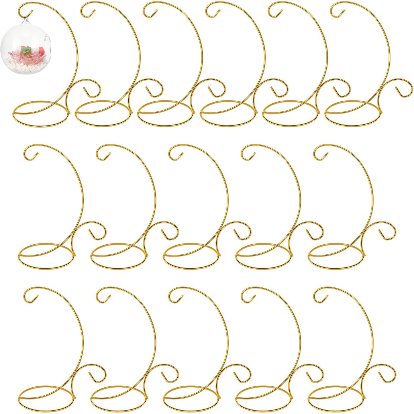 Tandefio 16 Pcs 9" H Ornament Display Stand Iron Hanging Stand Christmas Ornament Hanger Holder Decoration Display Holder Hook for Glass Globe Air Plant Terrarium Table Decor(Gold)
