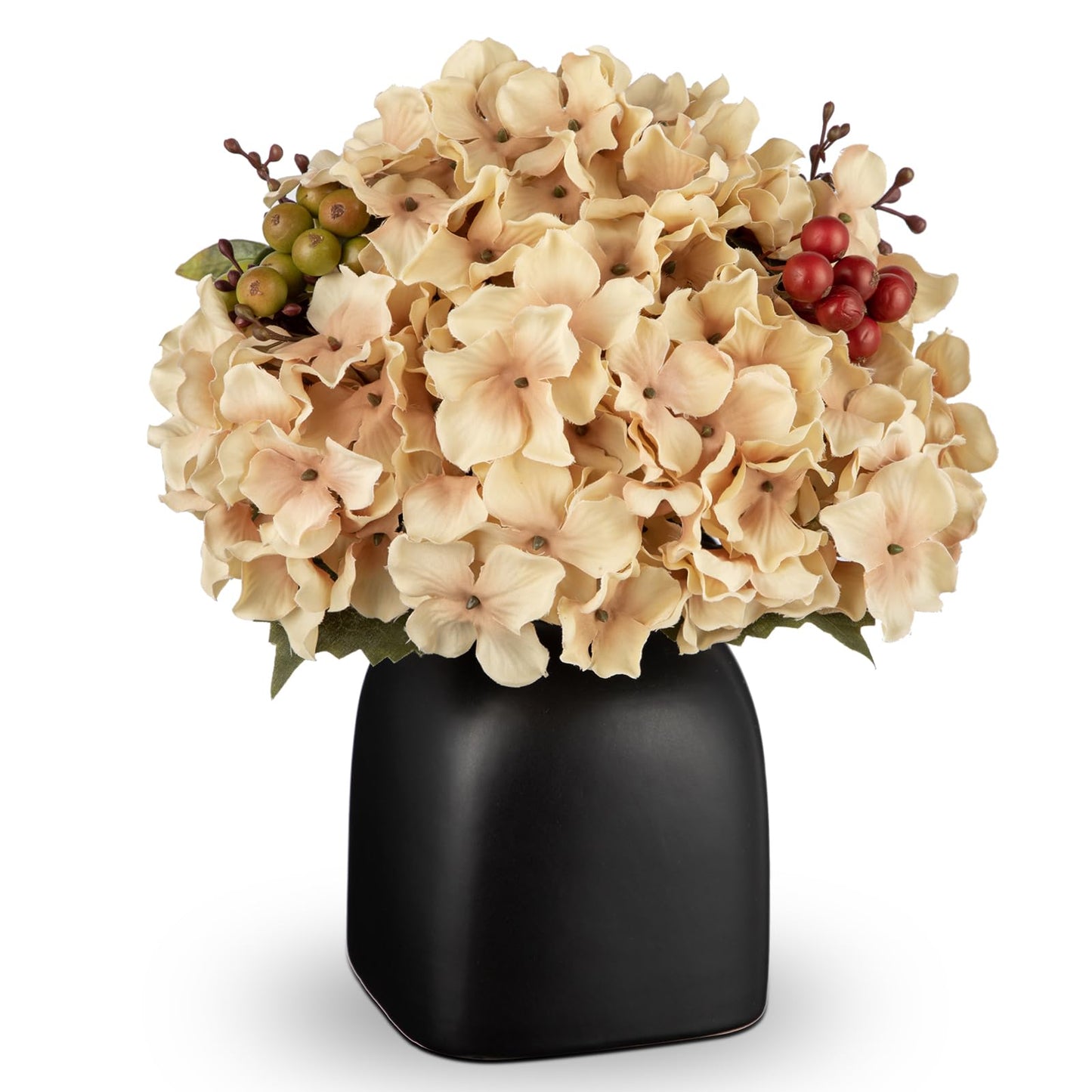 Briful Hydrangea Artificial Flowers in Ceramic Black Vase, Beige Silk Hydrangea Centerpieces for Tables, Realistic Dining Table Vase with Flowers for Farmhouse Home Decor Indoor