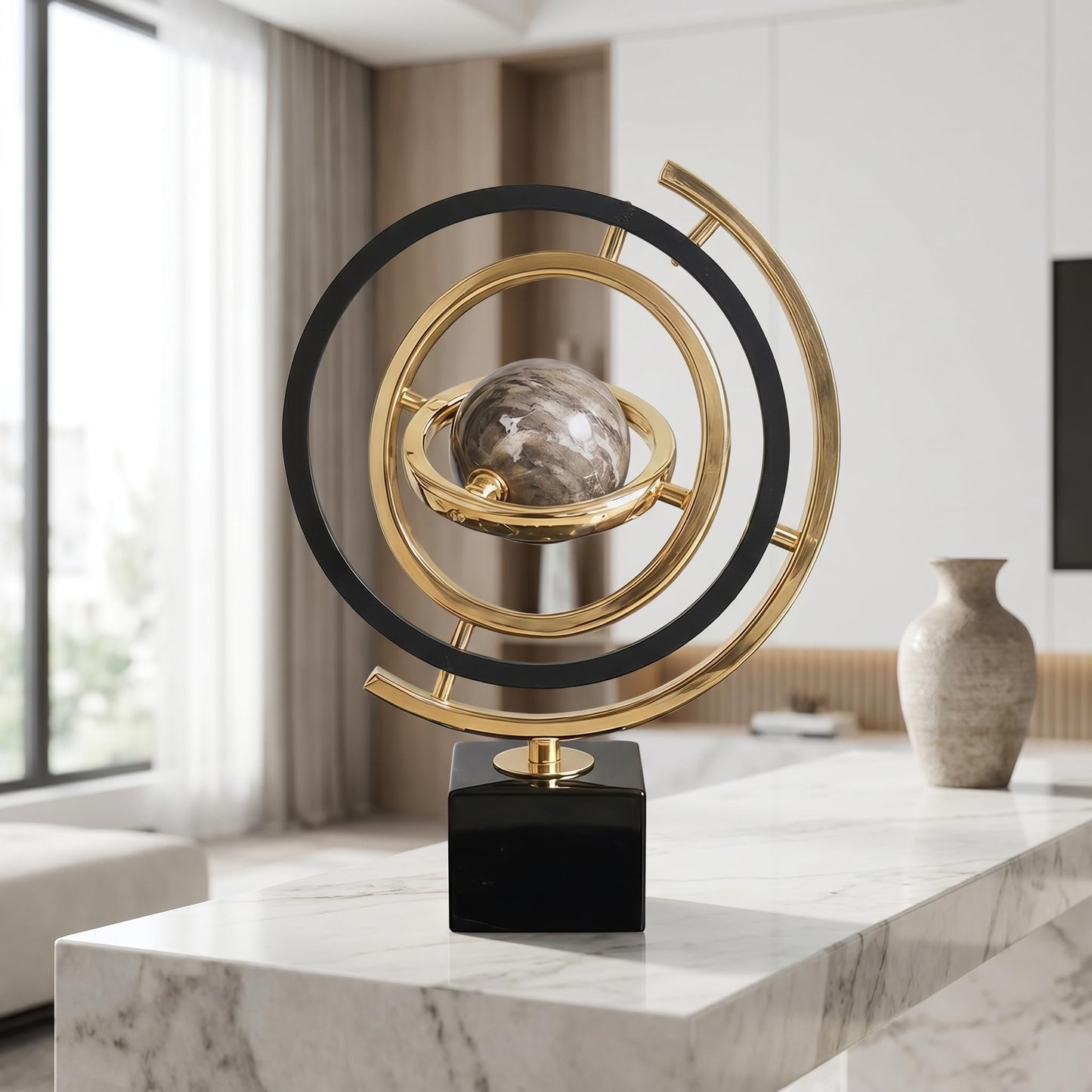 ARMUTCH Abstract Metal Globe Sculpture Decor - Modern Black and Gold Desk Art for Office, Living Room Tabletop Decor, Unique Home Decoration Gift